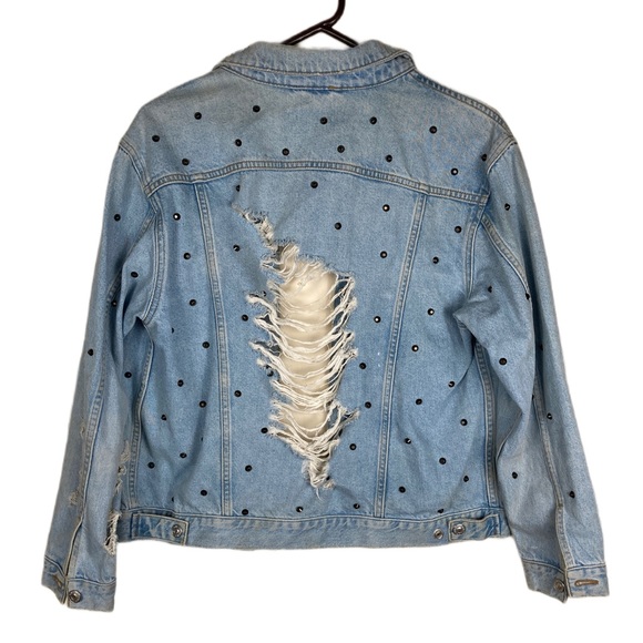 Oversized TOPSHOP Distressed Moto denim Jacket pale blue denim studded US 8 $150 - Picture 4 of 16